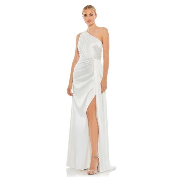 Ieena for Mac Duggal Gathered One Shoulder Satin Faux Wrap Gown - Size 6 - NWT